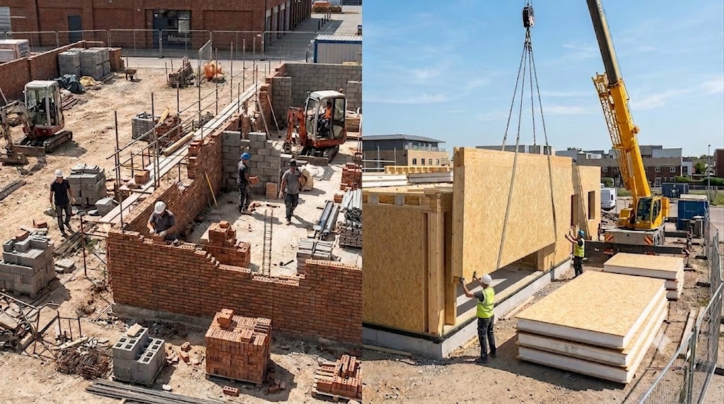 Comparaison entre la construction traditionnelle en briques et l'assemblage de panneaux SIP grâce à la préfabrication SIP pour éviter tout retard chantier dû à la pénurie de main d'œuvre