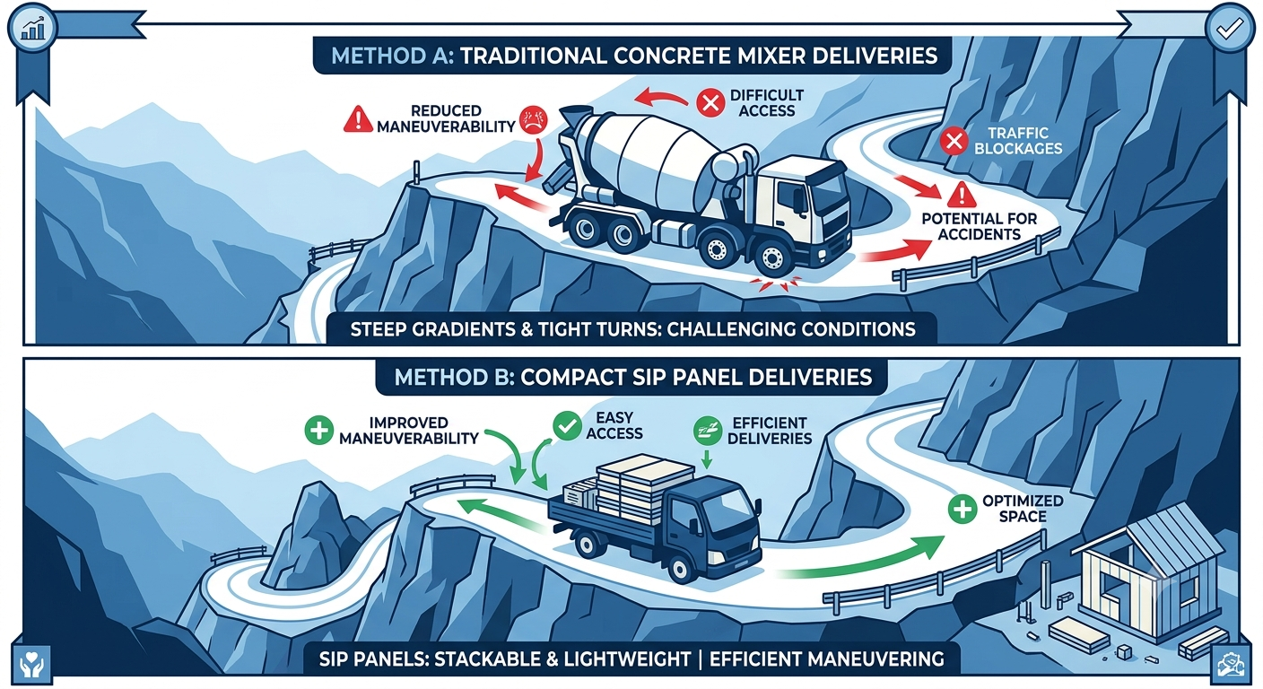 Comparaison entre livraison béton toupie et transport de panneaux SIP en zone difficile d'accès