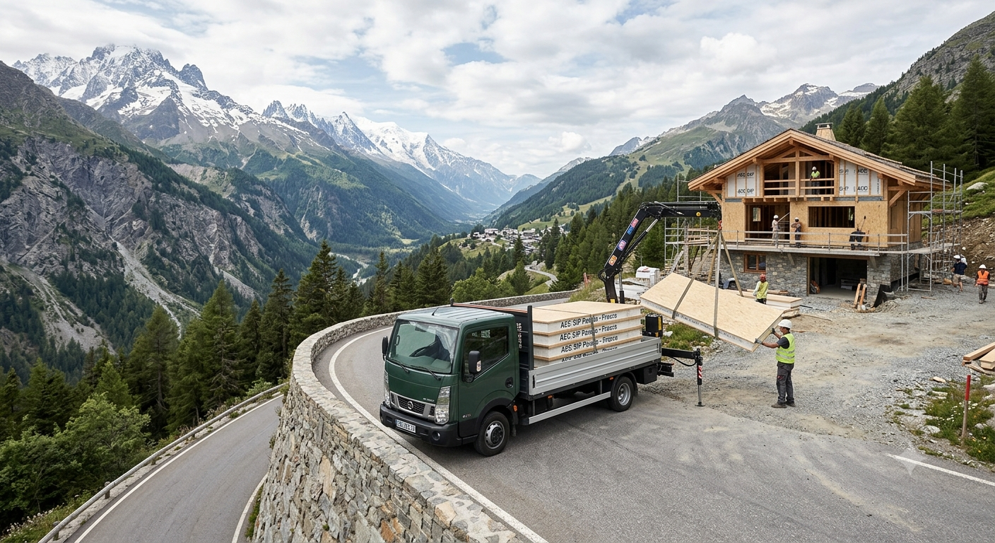 Livraison de panneaux SIP par petit camion sur route de montagne difficile d'accès